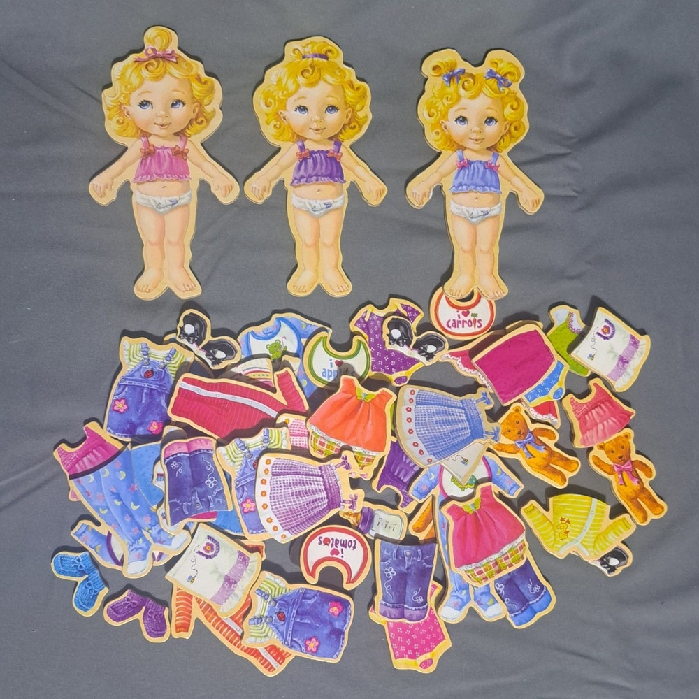T.S.‎ Shure Teeny Tiny Triplets Wooden Magnetic Dress Up Dolls 6" w/ Accesories